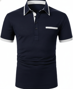 Polo noir slim fit à manches courtes avec contraste, nouvelle collection, personnalisable avec logo, faible MOQ, tendance, pour le golf ou décontracté - Product Image 2
