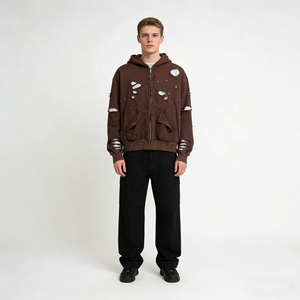 Sudadera con capucha y cremallera para hombre, marrón, desgastada, estilo oversize, de algodón French Terry, manga regular, estilo streetwear. - Product Image 2