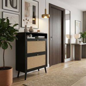 Meuble de rangement à chaussures moderne en rotin avec structure en bois massif et 2 tiroirs rabattables pour appartement, entrée et salon - Product Image 5
