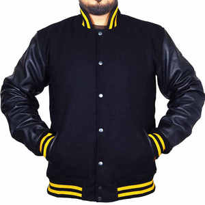 Custom High Quality 2026 Wool Body Genuine Leather Sleeves Hooded Geometric Pattern Varsity Bomber <b>Jacket</b> Unisex <b>Winter</b> - Product Image 1