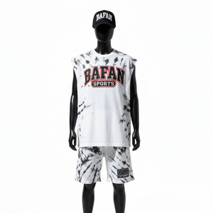 Ensemble de shorts sans manches pour homme 100% coton, jersey de coton premium, noir et blanc, tie-dye, logo imprimé personnalisé, tissu respirant - Product Image 1