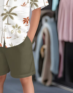 Boys Hawaiian Shirt Set Short Sleeve Button up Printed Top and Elastic Waist Shorts Summer Casual Outfit Polyester/Cotton - Product Image 4