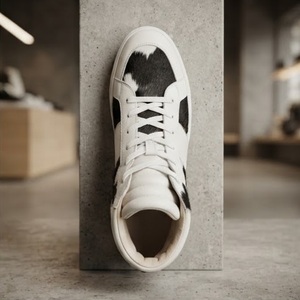 High Top Genuine <b>Leather</b> Cow Print <b>Sneakers</b> Round Toe Lace-Up Breathable Men's All Seasons Rubber Outsole EVA Midsole - Product Image 3