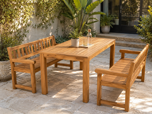 Modern Teak Wood Outdoor Dining <b>Table</b> Set with Garden <b>Bench</b> Patio Furniture for Hotel Villa Resort - Product Image 2