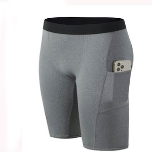 <b>Men</b> Solid Gray <b>Compression</b> <b>Shorts</b> With Side Pockets Quick Dry Sporty Fitness Wear Mid Waist Elastic Waist - Product Image 1