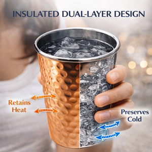 Verre à boire rétro à double paroi en acier cuivré martelé |   Gobelet isotherme en acier inoxydable |   Jus traditionnel indien - Product Image 5