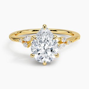Anillo de compromiso de moissanita con corte de pera Camellia Milgrain, plata 925, chapado en oro de 14K, engaste de bisel, estilo halo oculto, GRA - Product Image 1