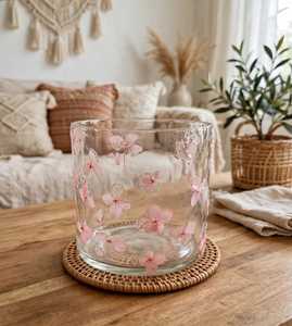 Pink Flower Embossed <b>Hurricane</b> <b>Glass</b> <b>Candle</b> Jar 430ml Clear <b>Candle</b> <b>Holder</b> Decal Christmas Decorative Heat Resistant Container - Product Image 1