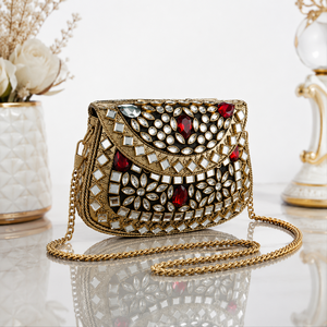 New Mini Kundan Design Clutch Bag with Chain Strap, Designer Ethnic Wedding Party <b>Handbag</b> for Women and Girls - Product Image 5