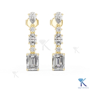 Boucles d'oreilles pendantes en diamant CVD de forme mixte cultivé en laboratoire, poire, ovale, taille émeraude, en or massif 14K 18K, bijoux de luxe raffinés pour femme, idéales pour les mariages - Product Image 1