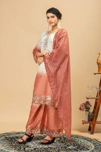 Salwar Kameez de algodón para mujer con dupatta bordada en diseño ombré blanco y morado para uso casual. - Product Image 2