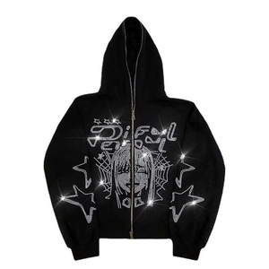<b>Black</b> Rhinestone Embroidered Hooded Zipper Sweatshirt <b>Men</b> Oversized Streetwear Nonwoven Regular Sleeve Letter Design Front Logo - Product Image 6