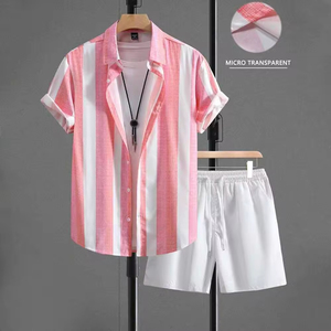 Ensemble chemise hawaïenne et short pour homme, 2 pièces, décontracté, rayé, boutonné, tenue de plage estivale, OEM ODM, vente en gros - Product Image 3