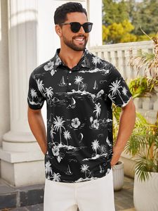 Chemises polo pour hommes à motifs tropicaux noir et blanc. Fournisseur en gros B2B proposant des services OEM personnalisés et des MOQs faibles à l'échelle mondiale. - Product Image 1
