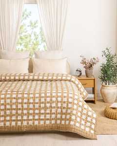 Juego de Cubrecama Acolchado Reversible con Patrón a Rayas y Cuadros, Color Beige Neutro, Ropa de Cama de Algodón para Todas las Temporadas - Product Image 6