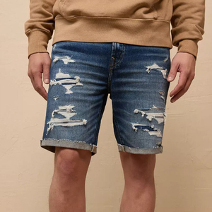 Wholesale Men Distressed Blue Denim Shorts Vintage Washed Ripped Jean Shorts <b>Roll</b>-<b>up</b> Cuff Summer Casual Slim Fit Denim Shorts - Product Image 3