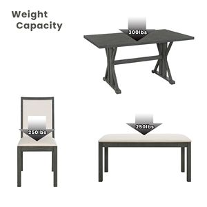 Set da Pranzo Classico in Stile Fattoria con 6 Pezzi: Tavolo con Gambe a Cavalletto e 4 Sedie Imbottite, Tavolo da Cucina per 6 Persone - Product Image 3