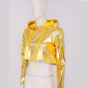 Haut court à capuche pour femme, à manches longues, avec cordon de serrage, à sequins et empiècements métalliques sur le devant, écologique, pour festivals de musique, soirées rave et scène - Product Image 6