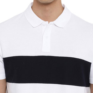 Polo à manches courtes en piqué de coton blanc pour homme avec rayures horizontales noires, design décontracté, tissu tricoté respirant - Product Image 6