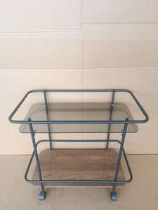 Modern Rolling Coffee Table Metal <b>Frame</b> Glass Top 2 Tier Serving Trolley Wood Base for Living Room Dining - Product Image 6