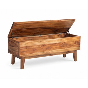 Banc de rangement rectangulaire en bois d'acacia avec couvercle à charnières - Meuble d'extérieur artisanal de style moderne du milieu du siècle, vente en gros depuis l'Inde - Product Image 1