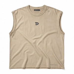Bulk Personalized Men’s Oversized Sleeveless Muscle Tee <b>Y2K</b> Grunge Distressed Cotton Tank <b>Top</b> Beige Low Price Wholesale - Product Image 3