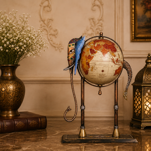 Globe terrestre décoratif en métal fait main avec finition antique, en forme d'éléphant, artisanat indien traditionnel, décoration de salon - Product Image 3