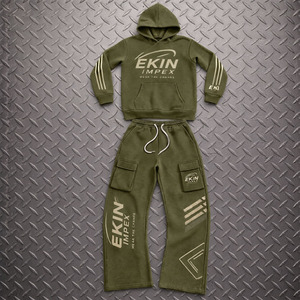 OEM Custom Distressed Patch Embroidery Logo Acid Wash Vintage Winter 100% Cotton Pullover Hoodie Flared Sweats <b>Pants</b> Heavyweight - Product Image 1