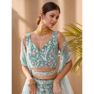 Dazzling Sky-Blue <b>Sequins</b> Net Engagement Lehenga Choli for Women - Product Image 3