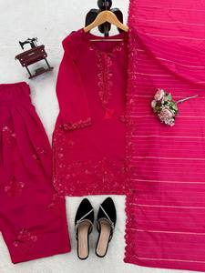 <b>Red</b> Silk Patiala Salwar Suit 3 Piece Set <b>Sequin</b> Embroidered Kurti Pagri Pants Wedding Party Wear - Product Image 3