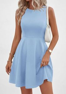 Vestido de punto mini transpirable con cuello redondo, sin mangas, corte A, ajustado, casual, para vacaciones, primavera, verano, trabajo o fiesta - Product Image 4