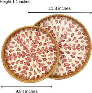 Wholesale Mother of Pearl Inlay Round Bohemian Eco-Friendly 26cm Handmade Rattan Serving Tray with <b>Handles</b> Kitchen Table Display - Product Image 3