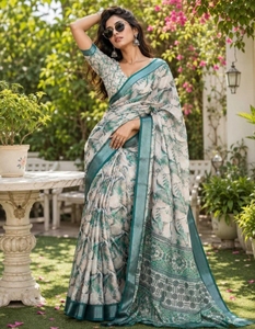 Sari Reversible de Poliéster y Mezcla de Seda sin Arrugas para Mujer, Estilo Bollywood, con Blusa sin Coser (Crema) - Product Image 5