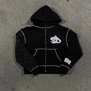 Sudadera con capucha negra para hombre con cremallera, logo de diamantes de imitación, estilo urbano de felpa francesa, corte oversize, para otoño - Product Image 4