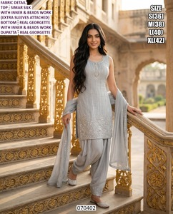 Bandhani Grey Elegance Chanderi Simar Silk Traditional Floor-Length Regular Fit Wedding <b>Kurti</b> - Product Image 1