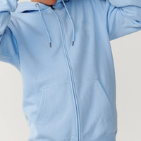 Hoodie Zipper Pria Polos Biru Muda Bahan Fleece Tebal Grosir Logo Kustom OEM, Sweatshirt Hoodie Resleting Biru Langit Katun Polos