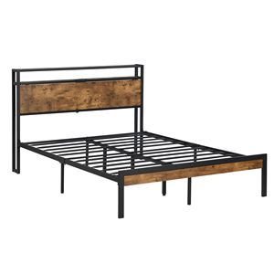 Full-Size Metal Platform Bed <b>Frame</b> with Wooden Headboard & Footboard USB LINER No Box Spring Needed <b>Large</b> Bed <b>Frame</b> - Product Image 4