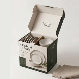 Ensemble de 4 assiettes et bols personnalisables avec logo, en grès céramique, coffret cadeau, emballage rigide haut de gamme - Product Image 1