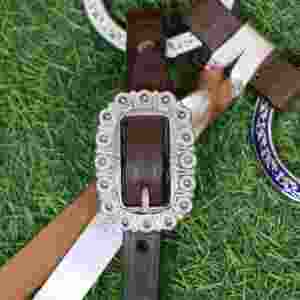 Western Headstall Breast Collar Set: Hand-<b>Tooled</b> Leather, <b>Engraved</b> Rings, Braided Fringe Detail - Product Image 4