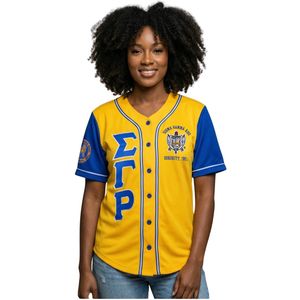 เสื้อเบสบอล Sigma Gamma Rho สีทอง แบบติดกระดุมด้านหน้า เสื้อเบสบอลแบบสั่งทำพิเศษ ชุดยูนิฟอร์มทีมกีฬา เสื้อผ้ากีฬาระบายอากาศได้ดี - Product Image 1