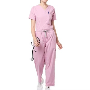 Nouvel arrivage : Ensemble de blouses médicales roses pour femmes, col en V, manches courtes avec poches, uniforme d'hôpital en mélange tissé coton-polyester - Product Image 4