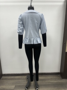 Women's Light Blue Cotton Casual <b>Top</b> with Peter Pan Collar Ruffles Three Quarter Sleeve Sweet Vintage Style Spring Summer XL - Product Image 3