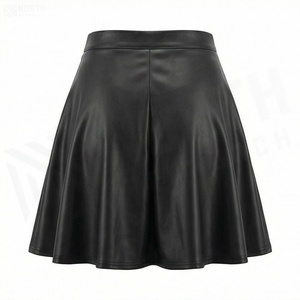 Jupe mini trapèze en similicuir pour femme, taille élastique, plissée brillante, couleur unie, toutes saisons - Product Image 2