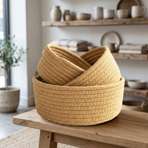 Minimal Set Of 3 Brown Macrame <b>Baskets</b> Suitable For Home Organizer Bathroom Kitchen And Aesthetic Storage Solution From India - Product Image 1