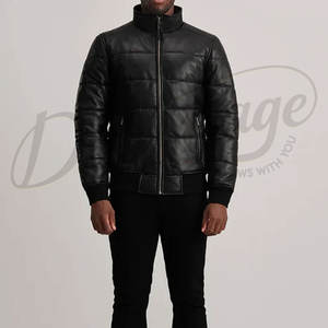 Chaqueta Bomber de Cuero Negra para Hombre, con Puños Acanalados, Cuello Alto, Acolchada y Cálida para Invierno, Estilo Biker, Corte Ajustado - Product Image 4