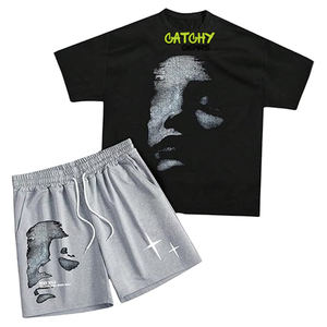 <b>Men</b> Printed Knitted T Shirt Set Summer Casual Short Sleeve Cotton Tees Bulk Wholesale Custom Logo Casual <b>Tops</b> - Product Image 1