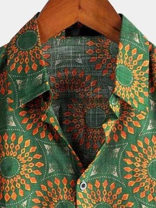 Camisa de Manga Corta para Hombre, Cuello en V, Estampado Geométrico, Corte Holgado, Informal, Tejida, 100% Poliéster, Verde Naranja, con Botones, para Verano - Product Image 3