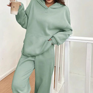 Custom Women's Sage <b>Green</b> Oversized Hoodie Tracksuit Set Fleece Sweatshirt Jogger Pants Casual OEM Manufacturer Clothing - Product Image 1