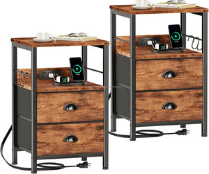 Table de Chevet Rustique en Bois Massif de Mangue, Lot de 2, avec Station de Recharge et 2 Tiroirs, Table d'Appoint Moderne Faite à la Main - Product Image 1