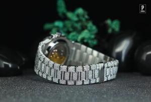 Tonneau Quartz <b>Watch</b> Luxury Mens Stainless Steel Moissanite Diamond Encrusted <b>Case</b> 38mm Analog Silver Round Brilliant Cut VS1 - Product Image 2